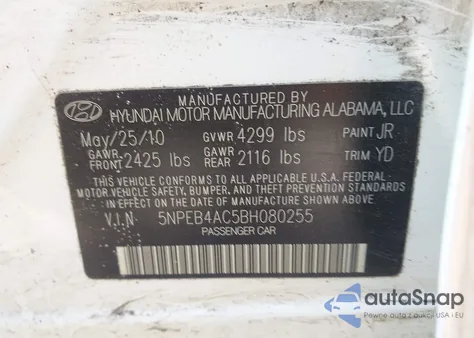 2011 Hyundai Sonata Gls из США, поврежденный, VIN 5NPEB4AC5BH080255